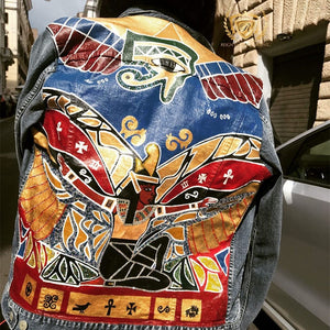 Custom Hand Painted Denim Jacket Ma'at Artwork WITH Over 2,000 SWAROVSKI CRYSTALS | Men Sizes