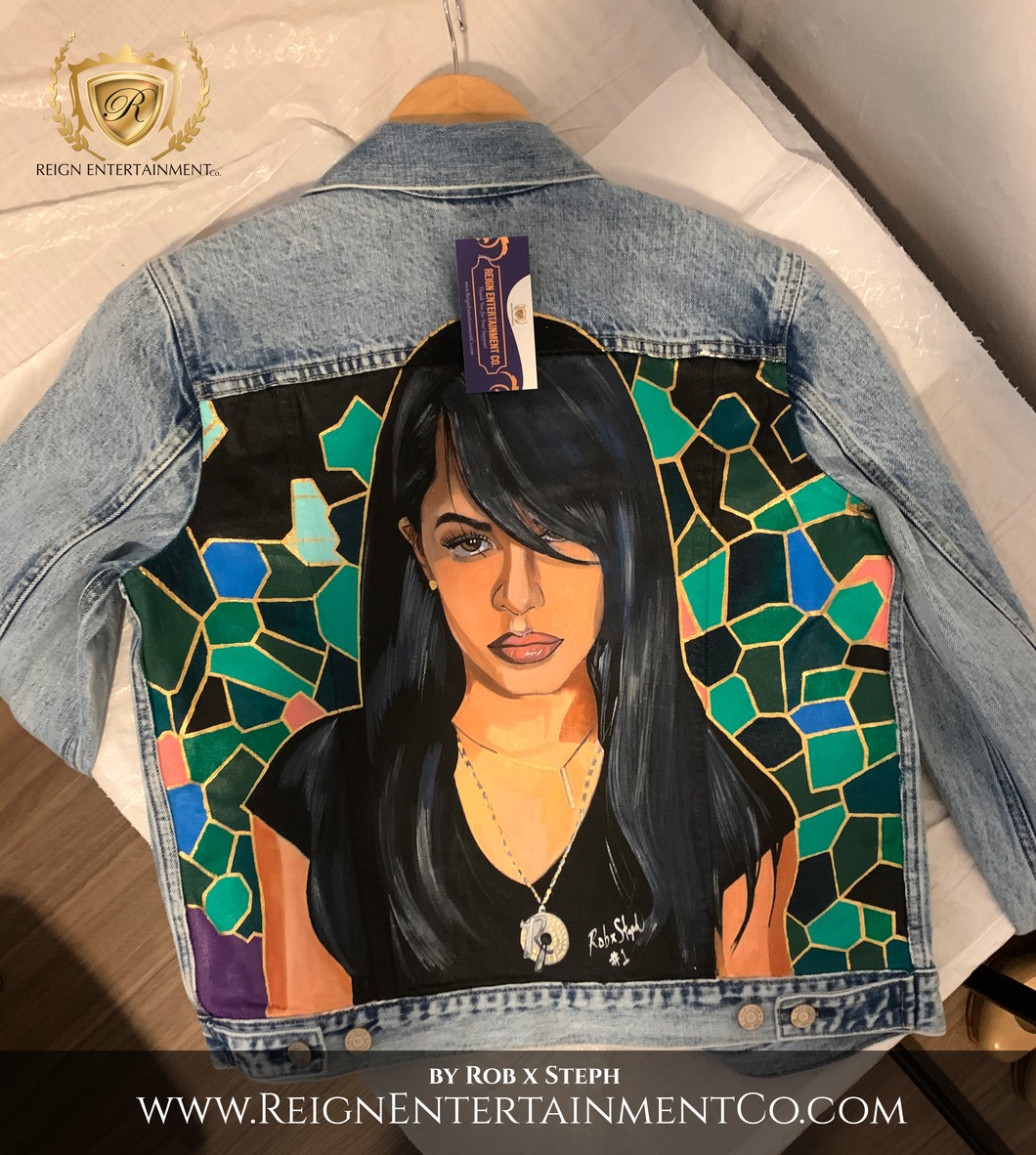 Custom Hand Painted Denim Jacket Tribute Painting of Aaliyah by Rob x Steph | Men Sizes